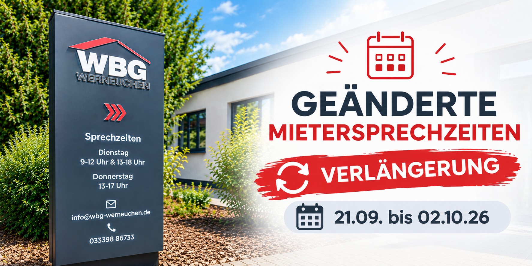 Geänderte Mietersprechzeiten – Verlängerung bis 02.10.2026